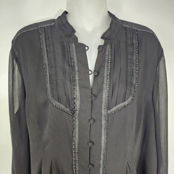 Coldwater Creek Shirt Large Black Chiffon Pleated Romantic Button Cottagecore - Picture 3 of 11